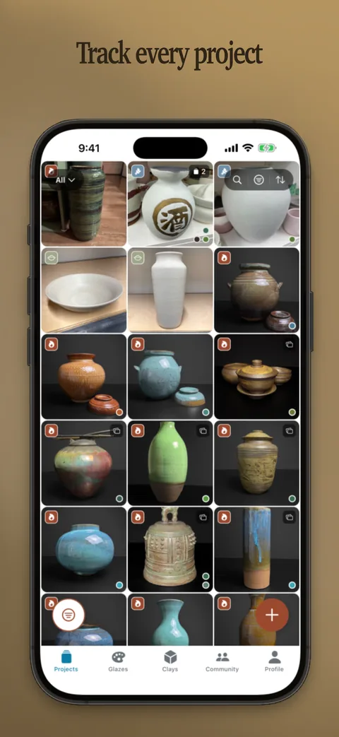 App screenshot: Project grid showing pottery photos by stage