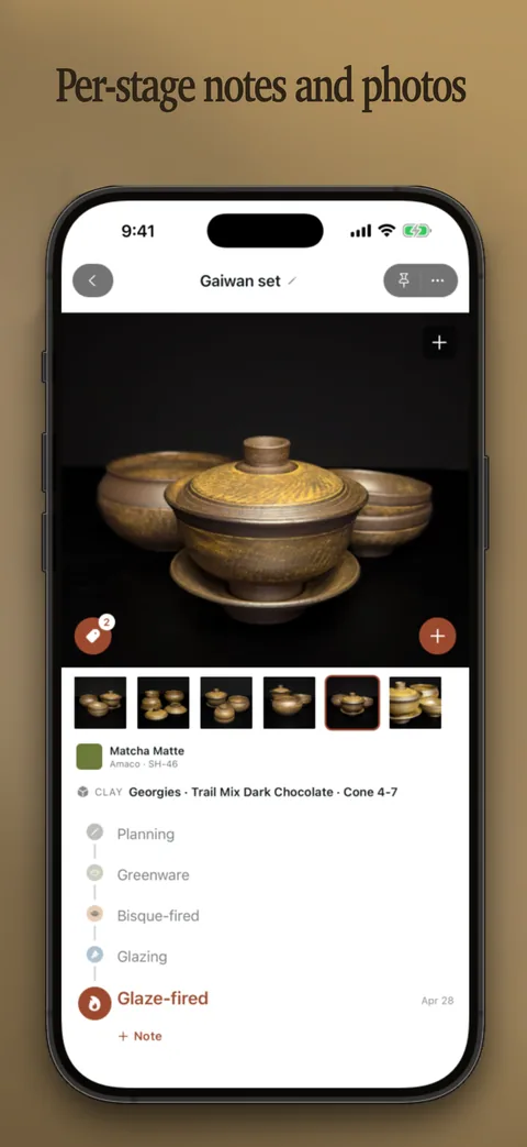 App screenshot: A gaiwan set project with photos and its stage timeline