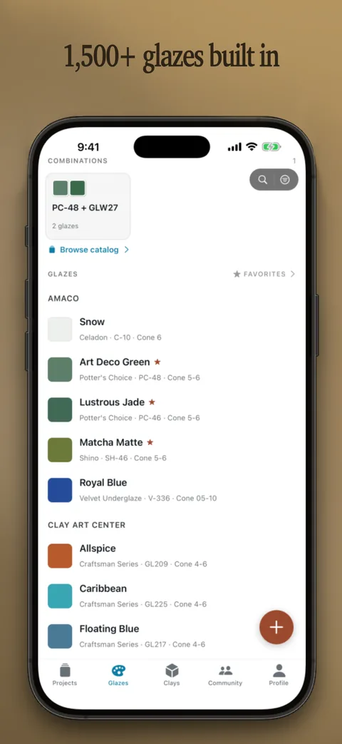 App screenshot: Glaze library listing Amaco and Clay Art Center glazes