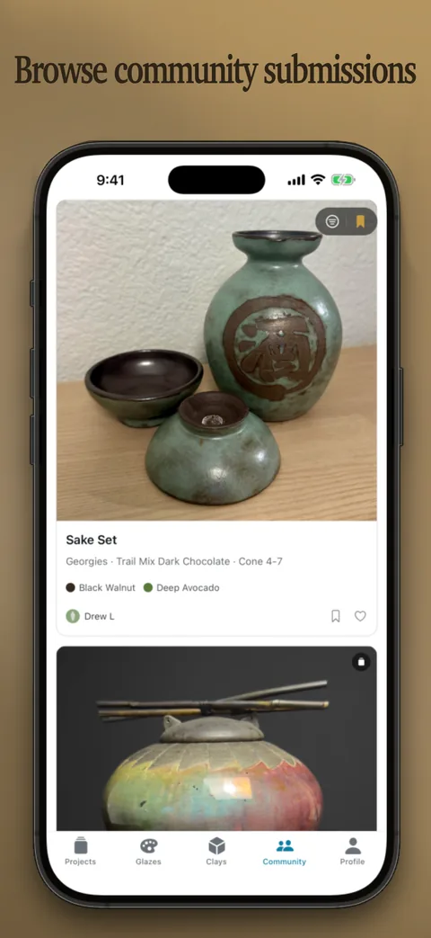 App screenshot: Community feed with a shared sake set