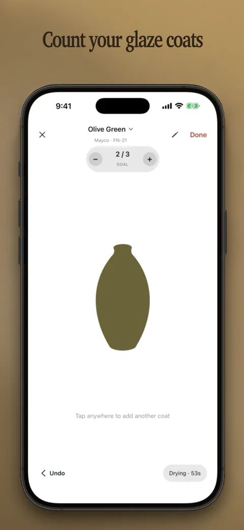 App screenshot: Coat counter showing two of three coats applied