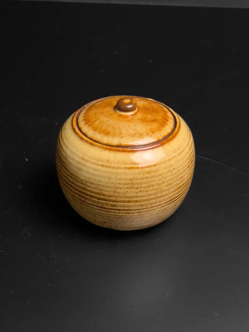 Round honey-glazed lidded jar with throwing rings
